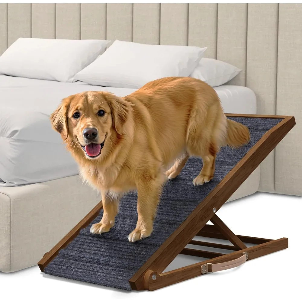منحدر كلب قابل للتعديل للسرير - منحدر خشبي قابل للطي للكلاب للانحناء على السرير أو الأريكة أو السيارة بمساحة مشي بعرض 16.5 بوصة (جوز مع #1