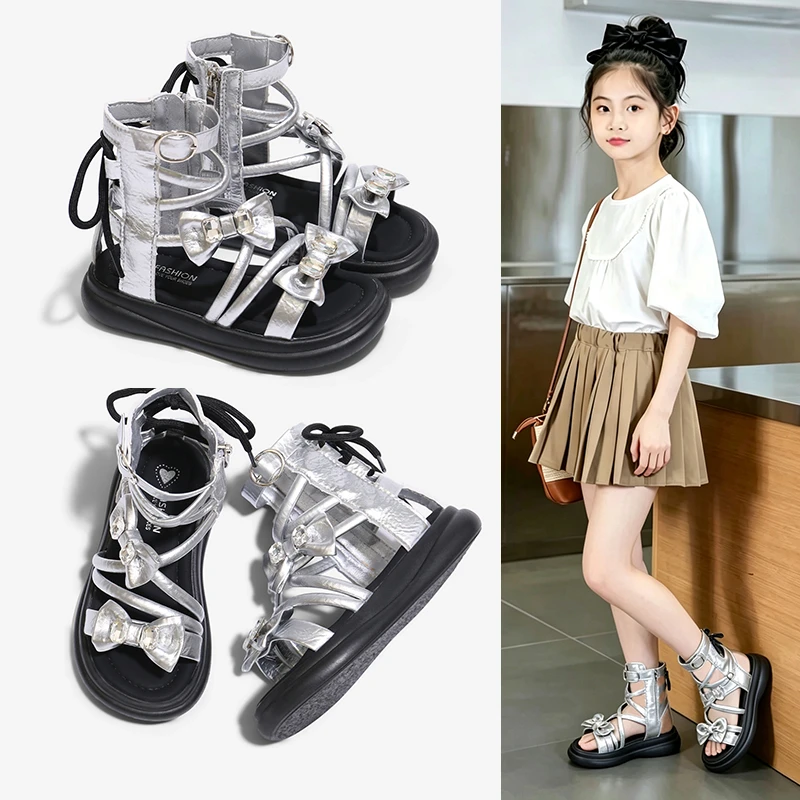 

Kids Girls Silver Gladiator Sandals with Rhinestone Bows, Soft Non-slip Sole, Comfortable Footwear for Summer & Casual Wear