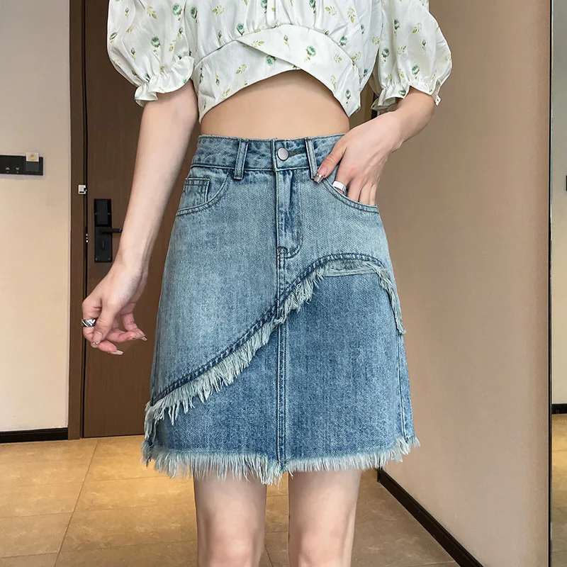 

Women's New Summer Fashion Rough Selvedge Denim A-line Hip Wrap Skirt. Casual Vintage Girly High-waisted Denim Half Body Skirt