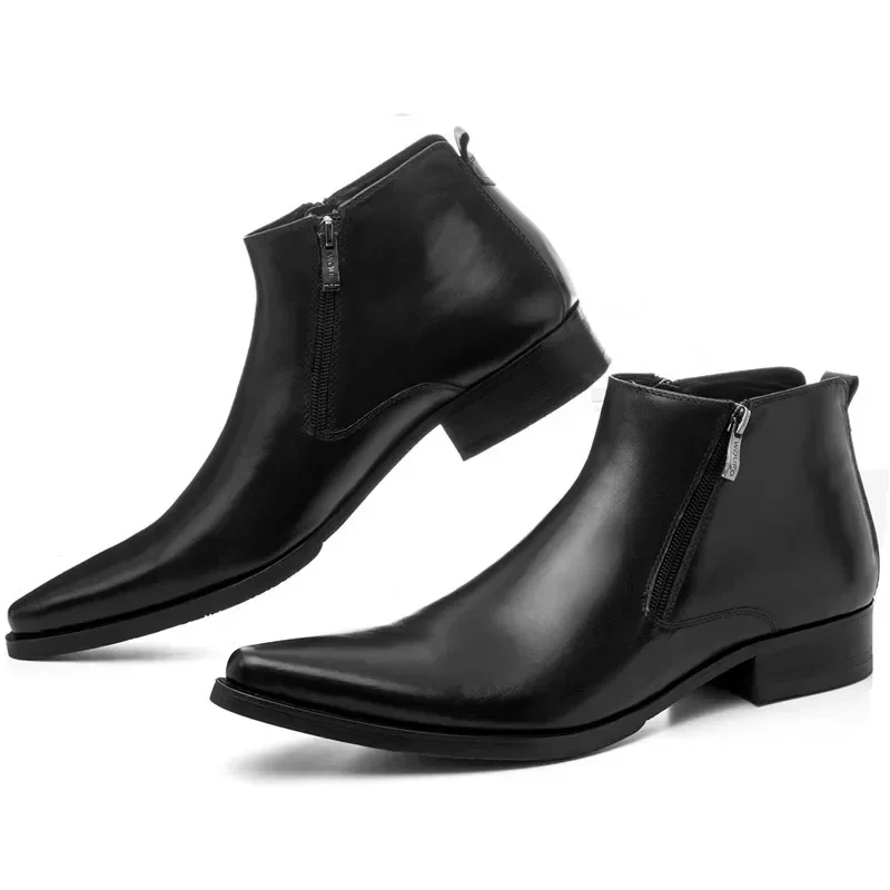 Large Size EUR46 Black Mens Ankle Boots Dress Shoes Genuine Leather Pointed Toe Man Business Shoes