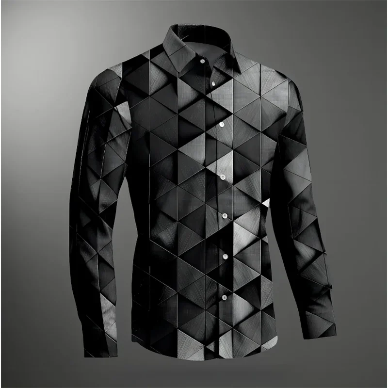 Men's Shirts Novel Abstract 3D Diamond Lattice Casual Daily Lapel Long-sleeved Shirts Comfortable Personalized Clothing Shirts