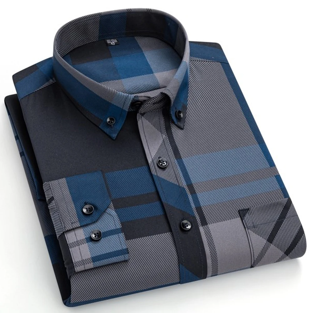 Men's Long Sleeve Collared Printed Plaid Button Down Shirt with Pocket, Wrinkle Free Slight Stretch Old Money Style Man Clothes