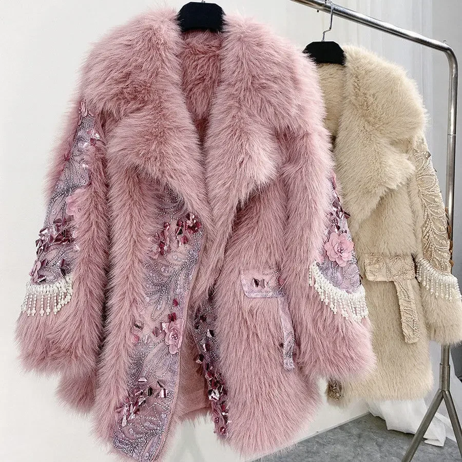 Streetwear Popular Winter New Fur Integrated Sequined Diamonds Fur Coat and Jackets Women's Lamb Wool Coat Fashion Outwear