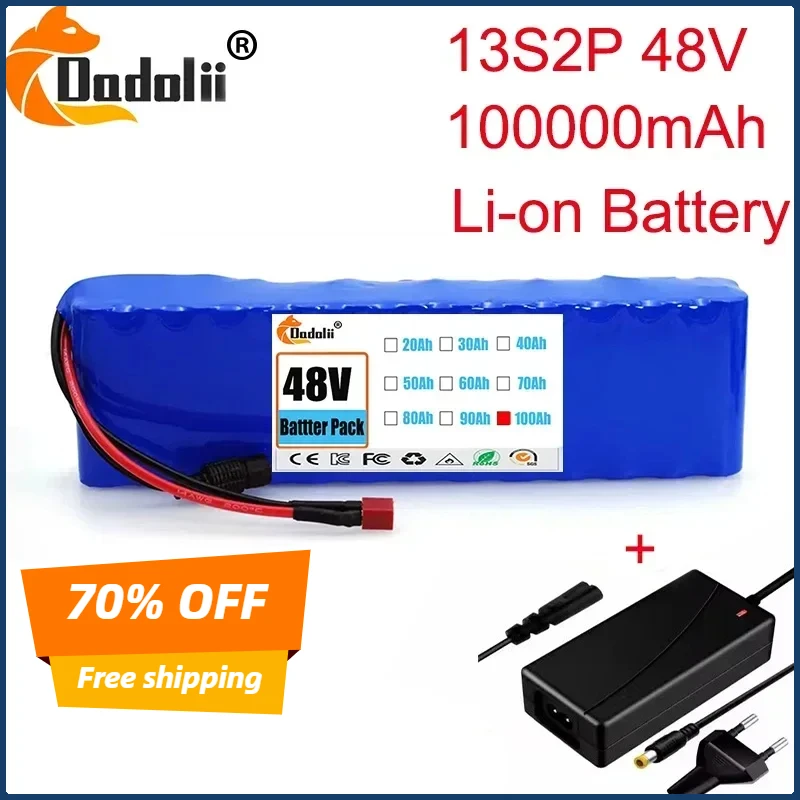 13S2P 48V 100000mAh 100Ah Lithium-ion Battery Pack with 250W 350W 500W 750W 1000W BMS And a complimentary 54.6V charger