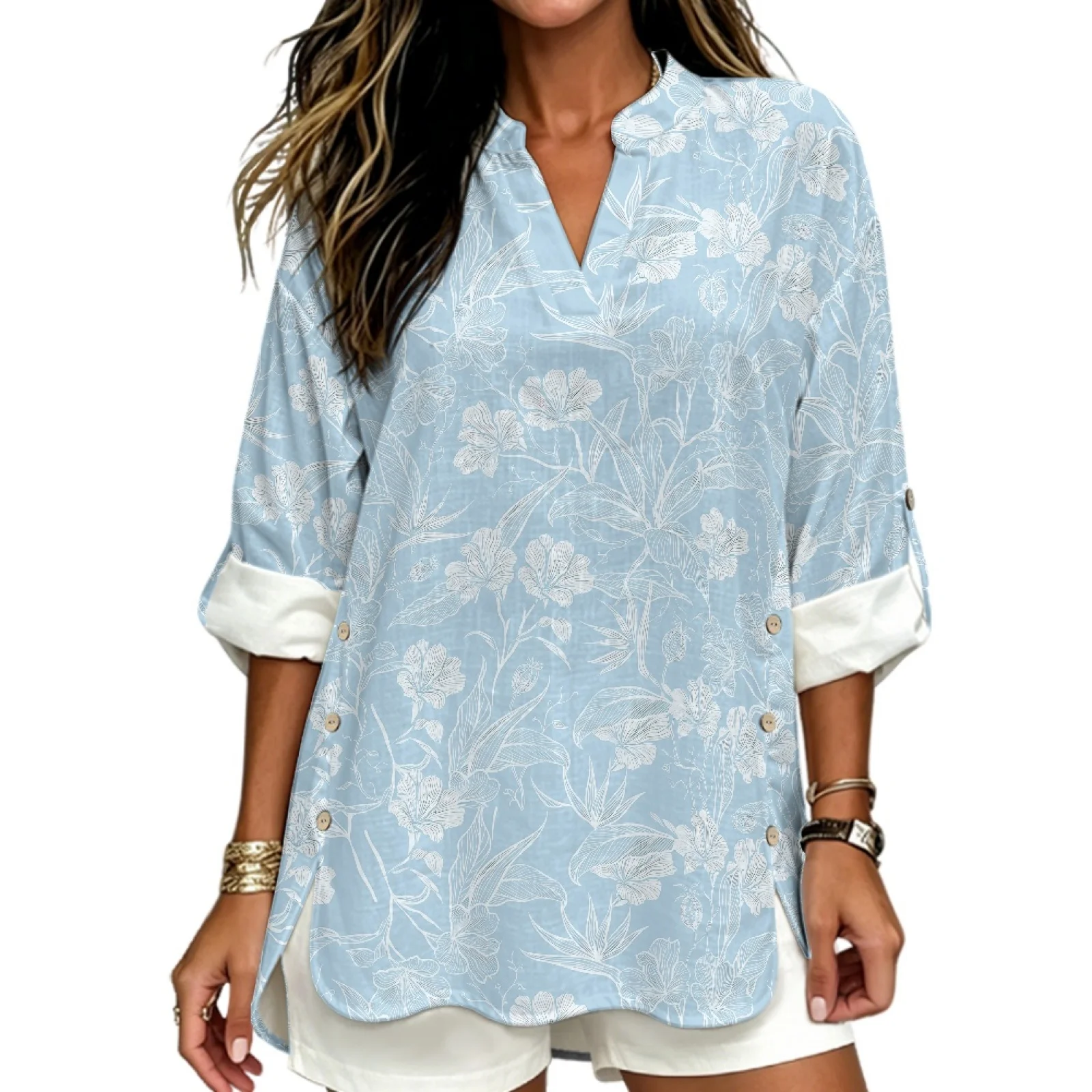PENSTROLL Light Blue Floral Side Slit V Neck Blouse for Business Linen Style Tunic Top Sizes S-5XL