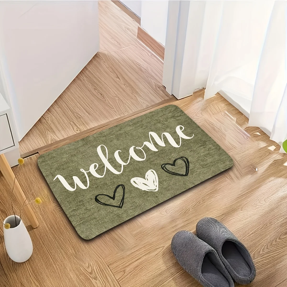 Minimalist Stylish Doormat/Welcome Lettering with Three Heart Print/Suitable for Bedrooms, Kitchens, Restaurants, Bathrooms/Soft, Comfortable, Practical/Holiday Decoration Flannel Material/1pc