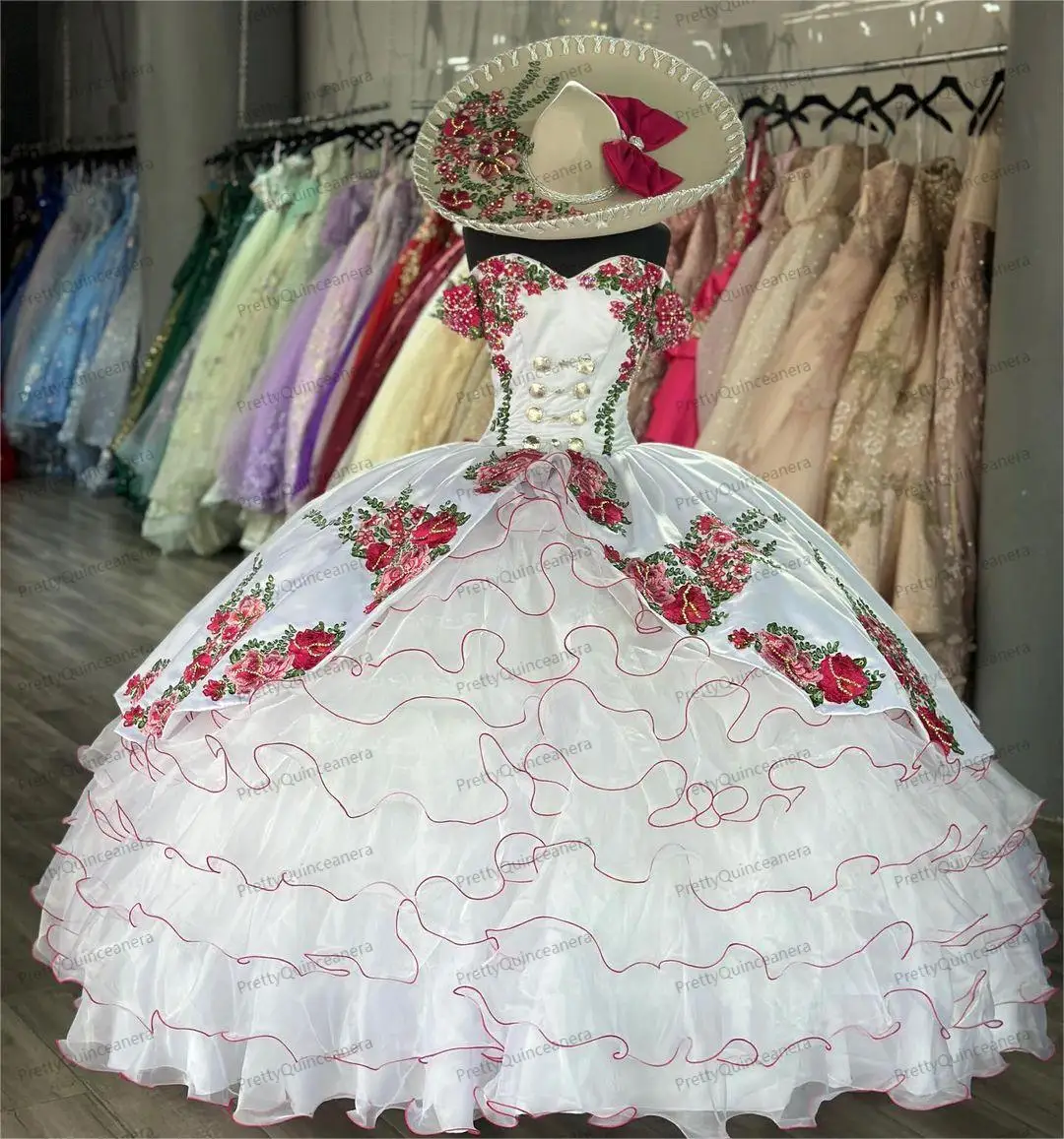 Customized Vintage White Mexican Charra Quince Dress With Colorful Embroidery Flower and Big Bow Back Vestido De 15 Anos