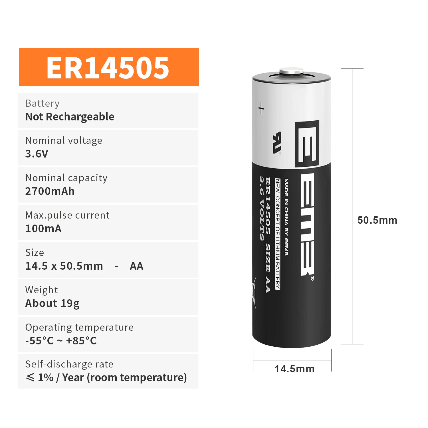100PCs ehomb er14505 battery 3.6V AA 2700mAh non-rechargeable industrial lithium battery customized