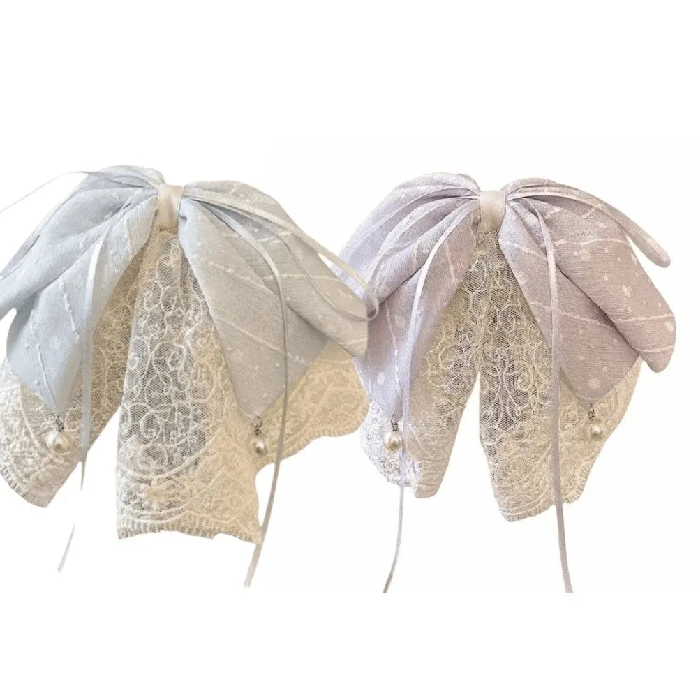 Elegant Mesh Lace Hair Claw Clip Pearl Pendant Large Bow Ponytail Clip Striped Chiffon Chiffon Ribbon Hair Accessory Party