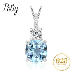 Potiy Cushion Natural Sky Blue Topaz 925 Sterling Silver Pendant Gemstone Statement Necklace Women no Chain cute valentines gift