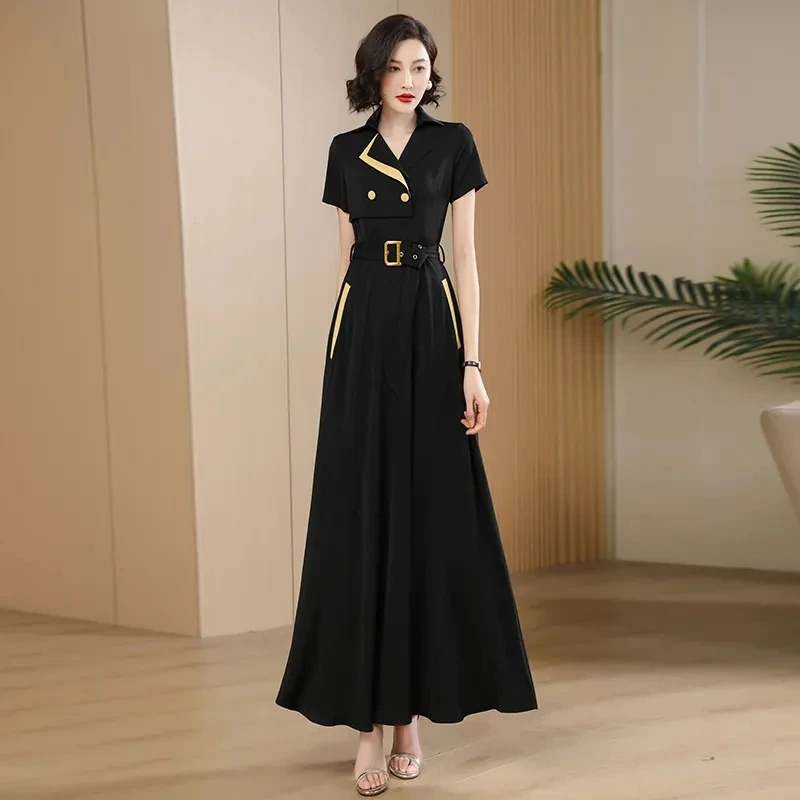 Imagem -03 - Elegante Vestido Preto Longo Feminino com Cinto Vestidos Cor de Contraste Feminino Verão Novo Estilo Tamanho Grande 5xl de Alta Qualidade