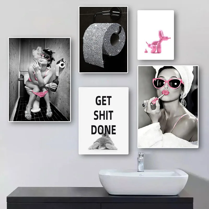 Sexy Naked Girl Canvas Paintings Bling Roll Paper Toilet Wall Art Pictures for WC Bathroom Decoration Fashion Woman Dog Posters