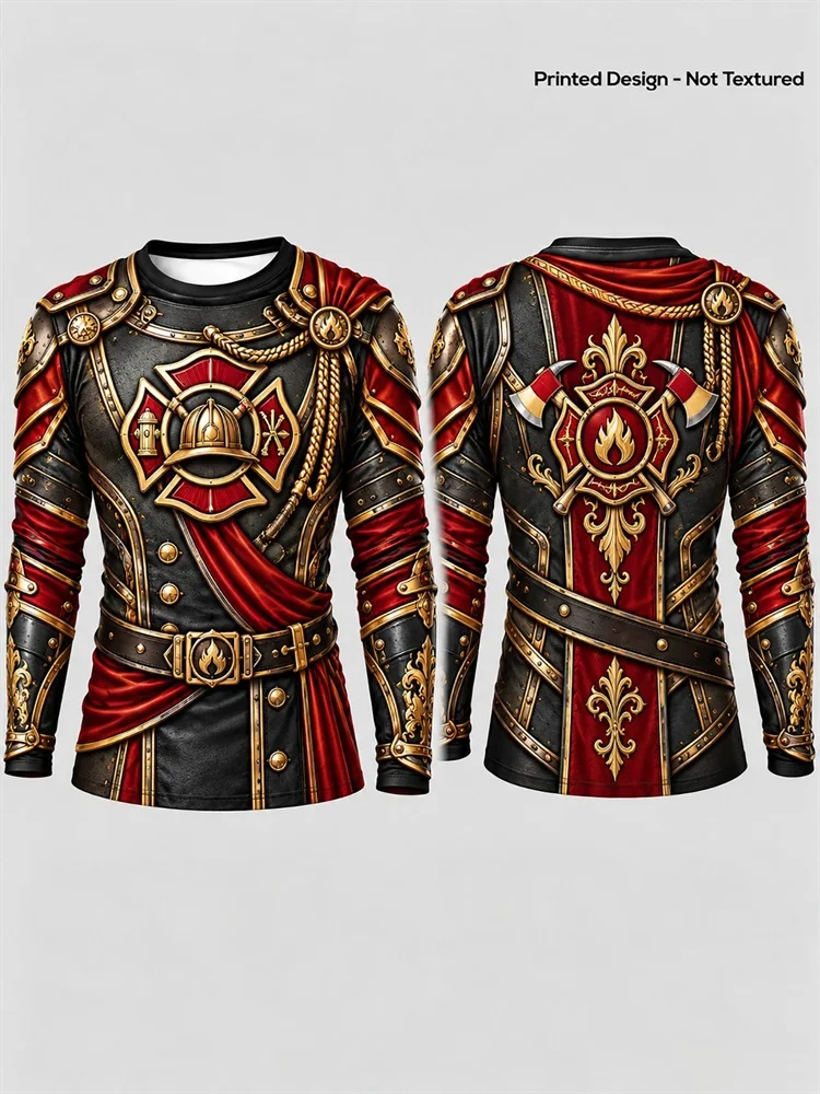 Men's Firefighter Knight Armor Long Sleeve T-Shirt Maltese Cross Flame Fleur De Lis Gold Red Black Graphic Pullover Tops Gift