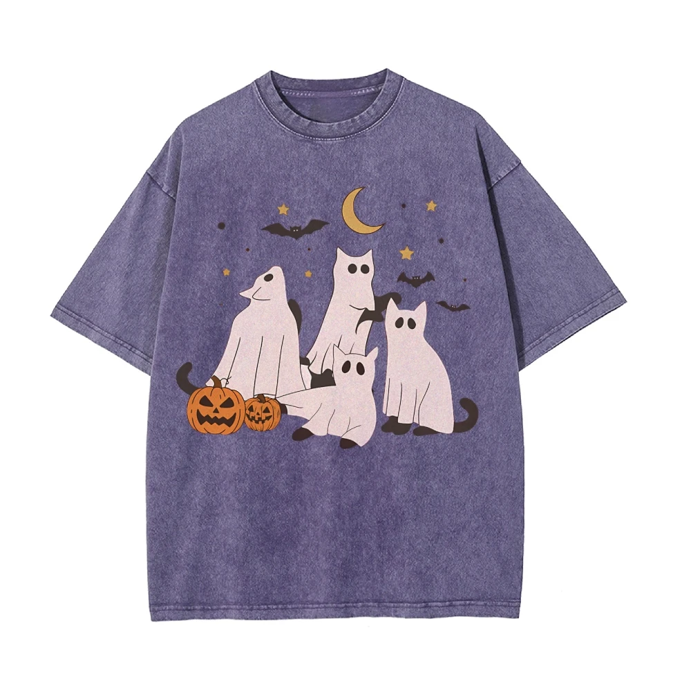 

Cute Funny Ghost Cat Witch Pumpkins Bats Halloween Vintage Oversized Casual Women's T-Shirt Stylish Y2k 90s Short Sleeve Tee