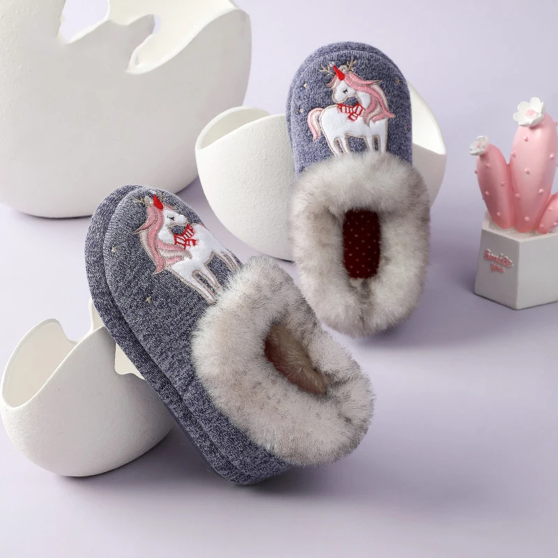 Crestar Girls Boys Cute Plush Cotton Shoes Winter Indoor Comfortable Baby Fuzzy House Slipper New Children Fur Furry Slippers