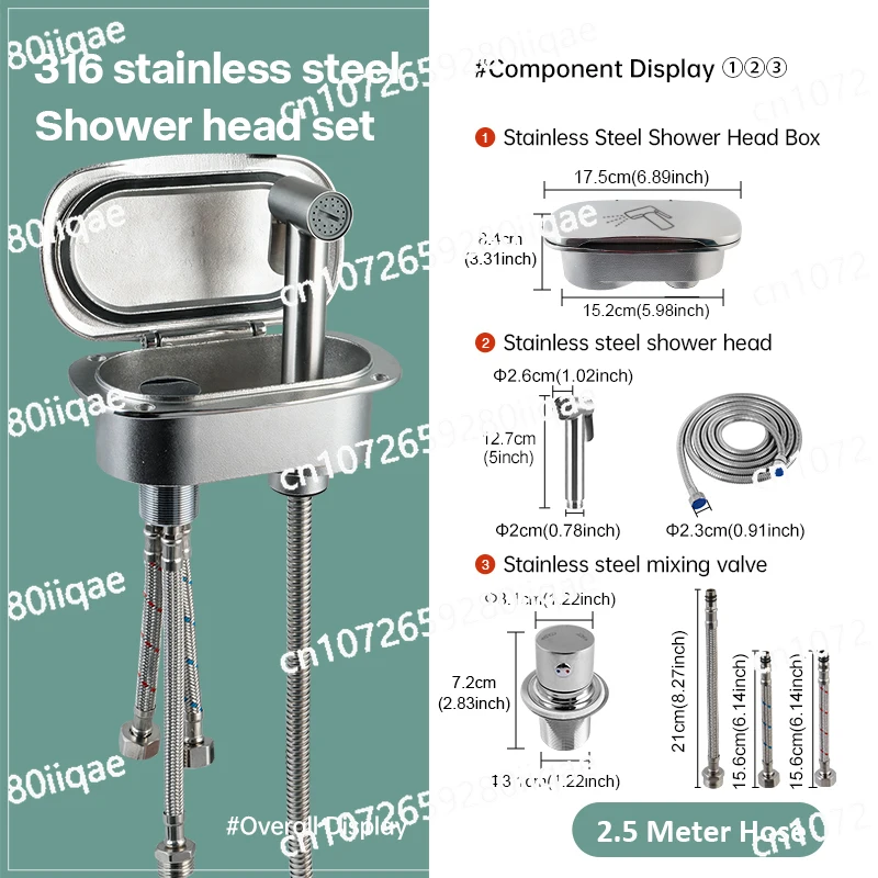 Marine Transom Shower Box Set Boat Deck Hidden Shower Head Kit with Hose and Lid 316 Stainless Steel