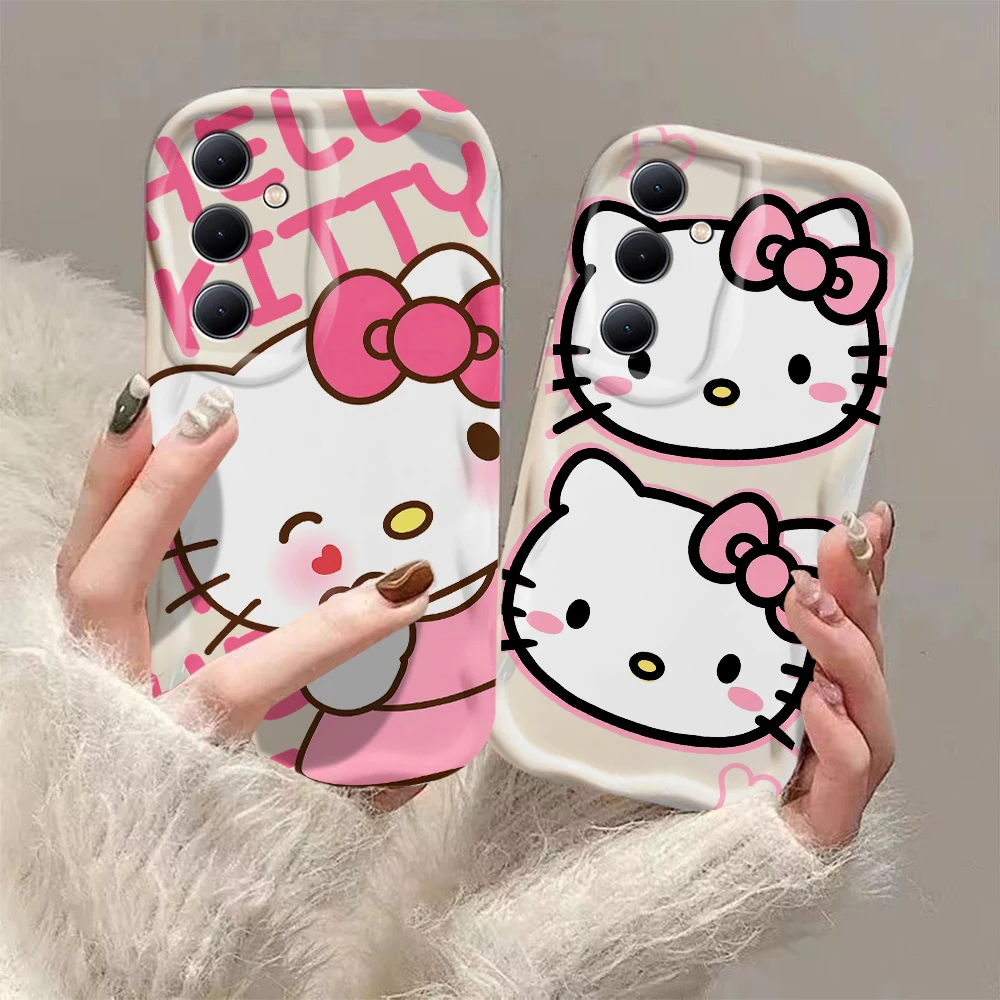 Cute Heartbeat Hello Kitty 3D Wave Phone Case For Samsung Galaxy S24 S23 S21 S20 FE Plus Ultra 4G 5G Soft Silicone Back Cover