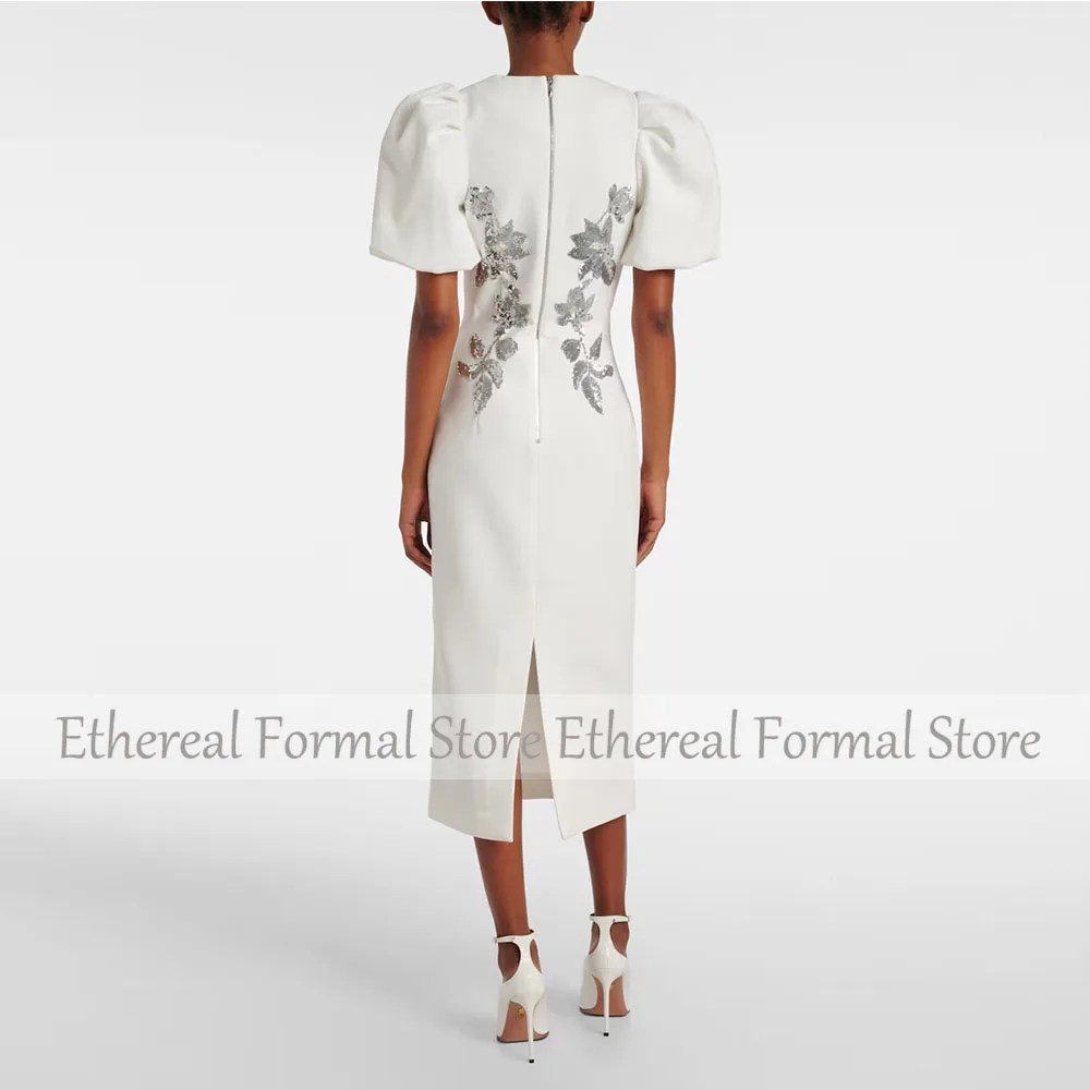 Fashion Ivory Evening Gown For Women Sheath Formal Party Dress Tea Length Short Sleeves Prom Dress Sequin Appliques Saudi Dress
