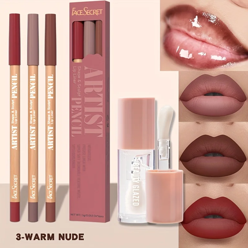 4pcs Matte Lipliner Lip Gloss Combo -Moisturizing Plumping Lip Oil  Lip Liner Set Waterproof & Matte Lip Liner Pencil