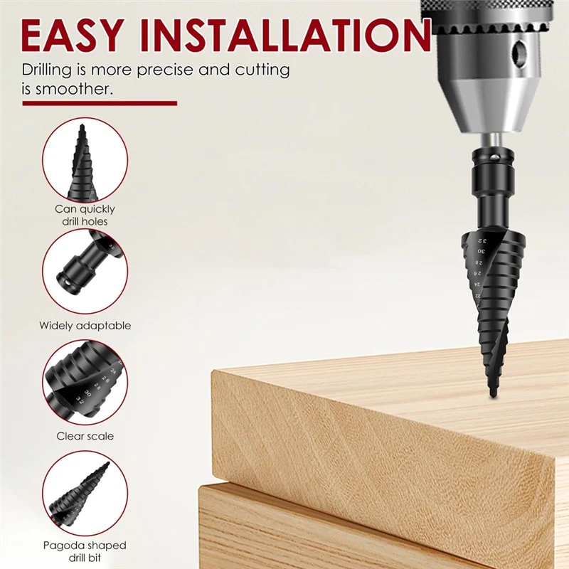 

RMWIN-3Pcs Step Drill Bit Set, Grooved Step Drill Bit 4-32Mm Cone Cutting Spiral Flute