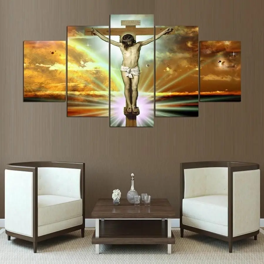 

Crucifixion Christ Jesus On The Cross Canvas Print Painting Wall Art Poster 5 Pieces Pictures Framework Living Room Decoration