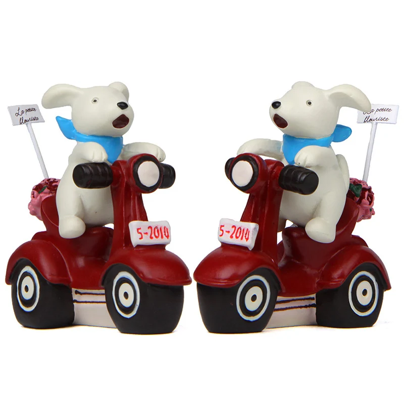 Cute Puppy Figurines Resin Dog Riding Motorcycle Miniature Fairy Garden Home Decoration Figure Models for Children Kids Gifts