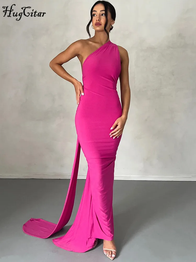Hugcitar One Shoulder Backless Adjustable Scarf Loop Ruched Sexy Maxi Dress Women Elegant Y2K Streetwear Festival Outfit - Image 2