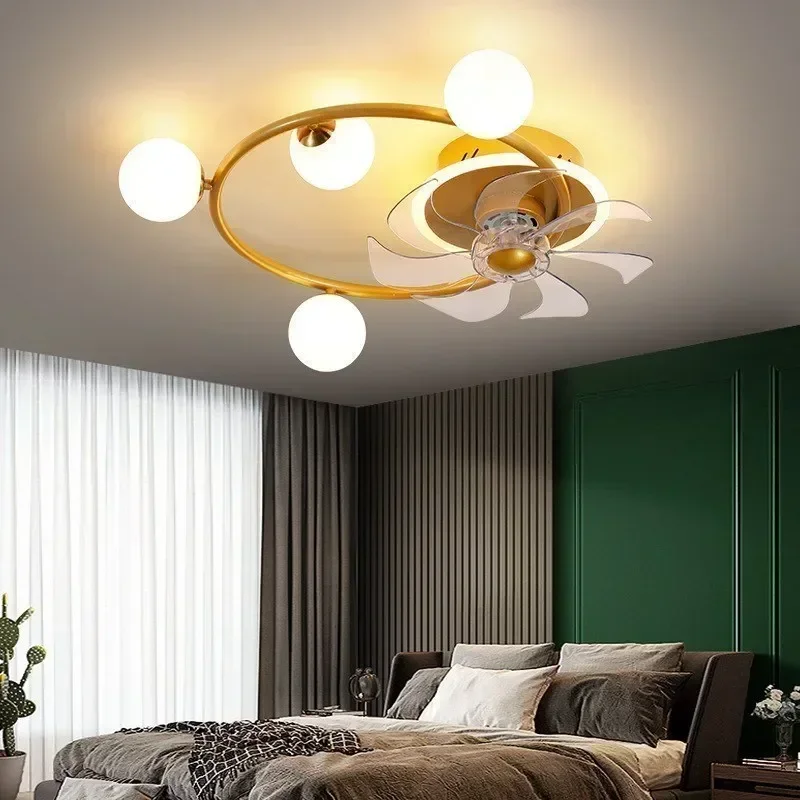 Nordic Ceiling Fan Lights LED Glass Ball Bedroom Living Room Study Bedroom Shaking Frequency Conversion Integrated Hanging Lamps