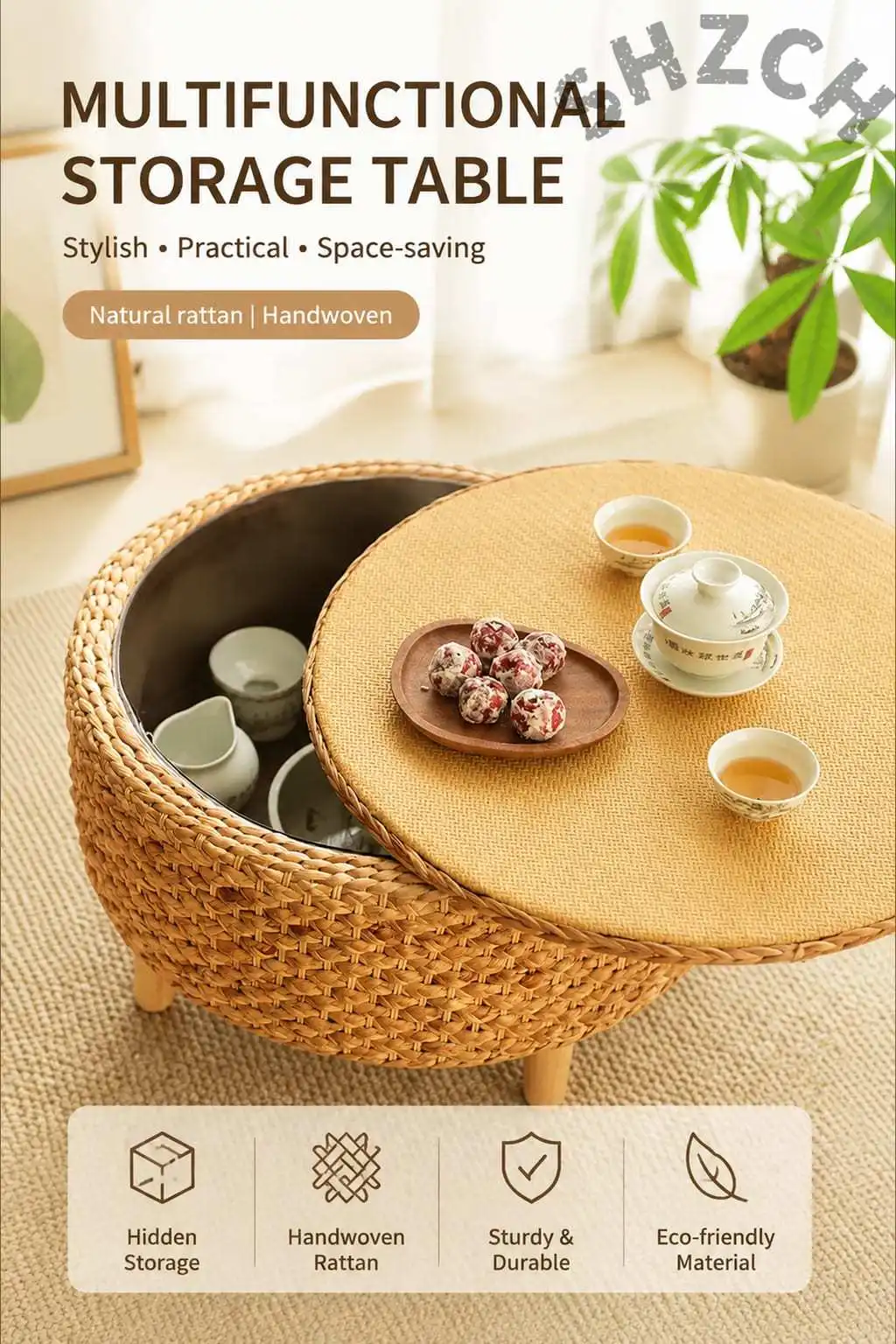 Minimalist Solid Wood Japanese Tea Table for Tatami – Low Round Floor Desk with Rattan Accents & Built-in Storage