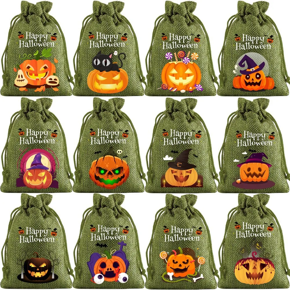 36pcs/lot 10*14cm Pumpkin Small Pouches Draw String Bag Halloween Gift Packaging Linen Pouch Children's Candy Storage Bags