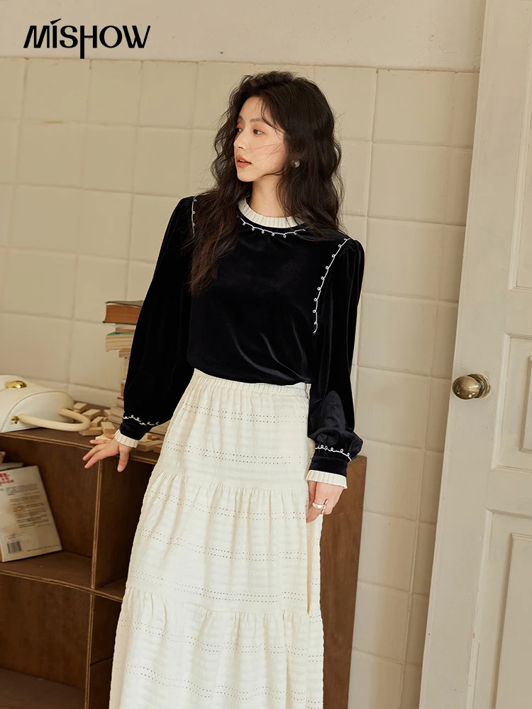 MISHOW White Hollow Elastic Waist Skirt Women 2024 Winter French Temperament Versatile High Waist A Line Midi Skirts MXD34B0551