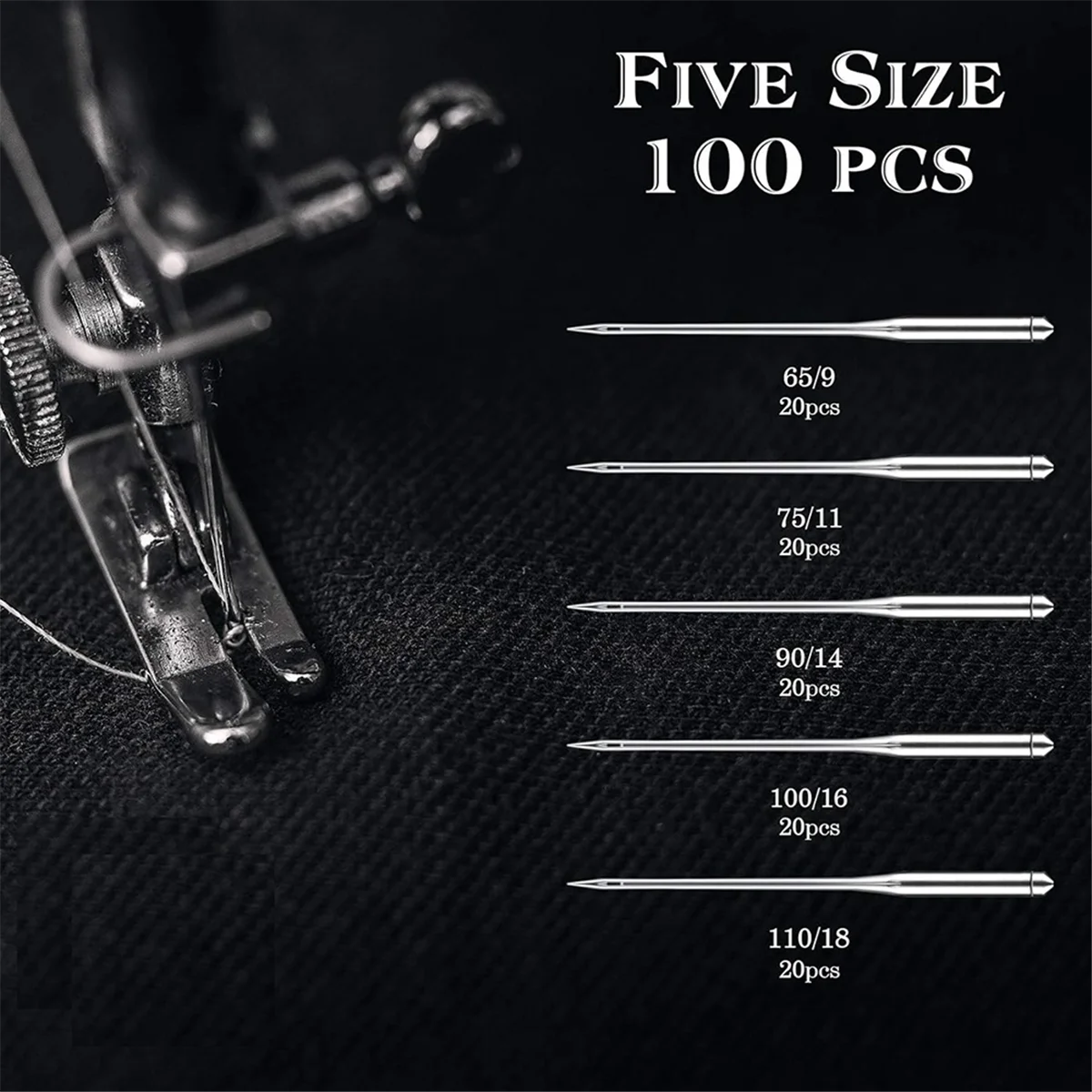 ABFW 100PCS Sewing Machine Needles Regular Point Needle for Singer , Assorted Size 65/9, 75/11, 90/14, 100/16, 110/18