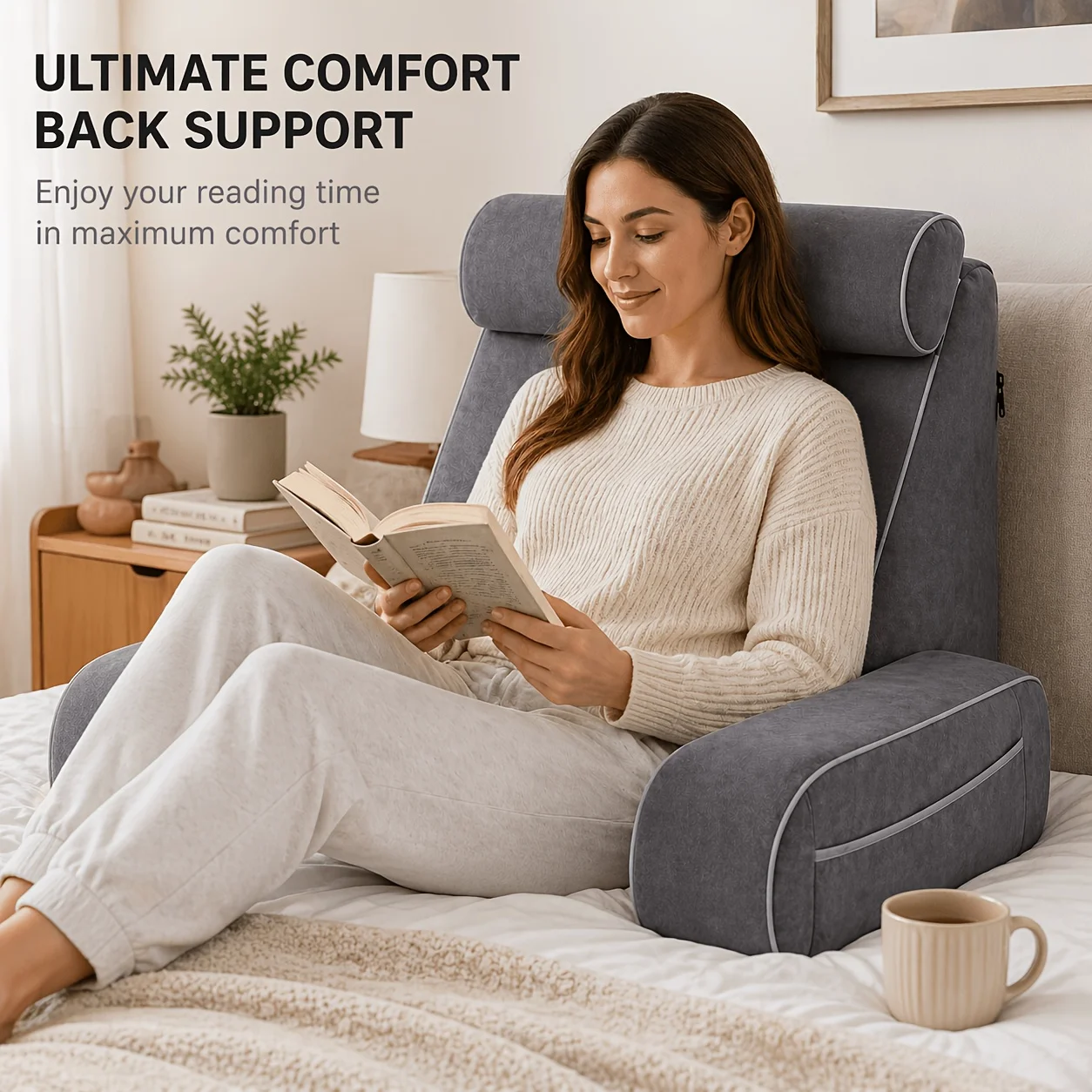 

Reading Pillow for Sitting in Bed Adult, 19" Back Support Pillow with Removable Cover, Easy-To-Clean Backrest Cushion for Bed Sitting Up, Reclining, Gaming, Resting, Watching TV on Couch Or Floor, Wedge with Arms, Grey