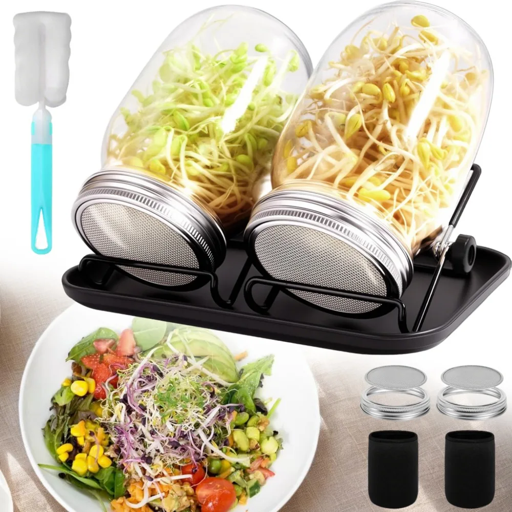 Kit de germination de graines 2 pièces, bocaux Mason de 1000 ml à large ouverture avec couvercles de germination, couvercles de germination filtrants, plateaux, supports, toile d'ombrage, brosse, kit de culture de pousses