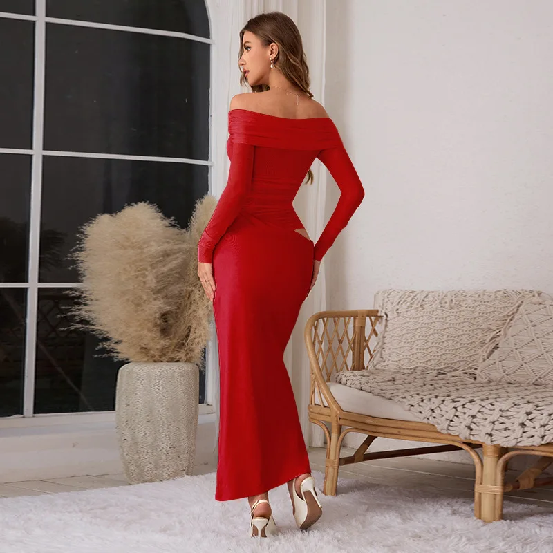 Vestido Vintage de un solo hombro empalmado de malla transparente con agujeros, vestido de noche negro para mujer, Vestidos rojos para fiesta de graduación, bata de otoño