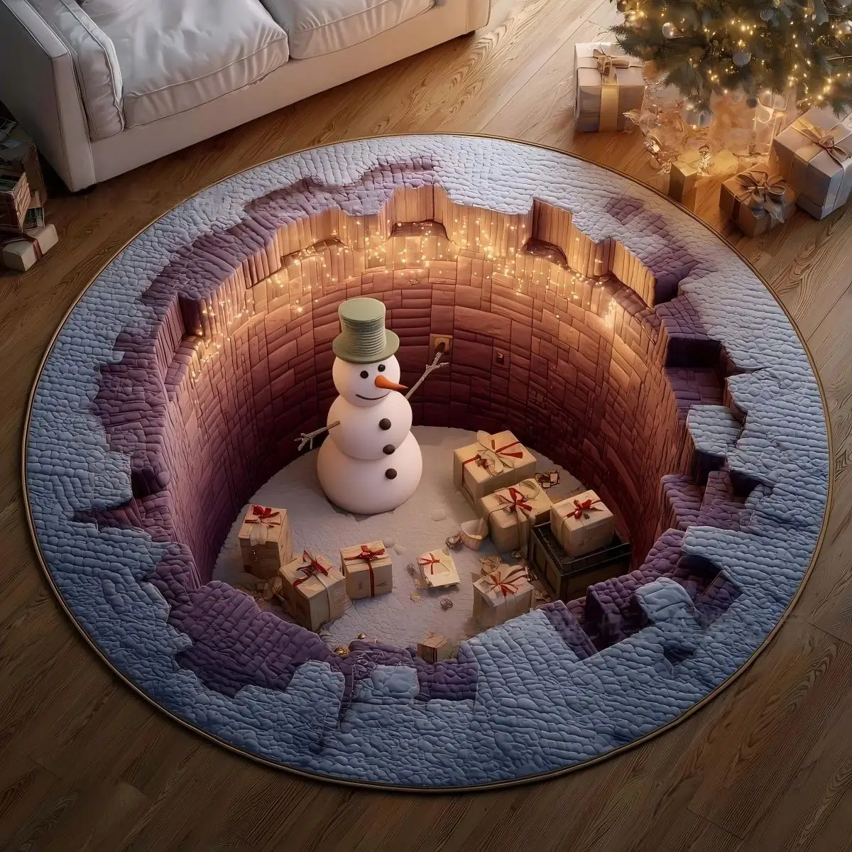 VIKAMA Skiing Snowman Ice Track 3D Round Rug Soft Flannel Non-Slip Bedroom Bedside Living Room Christmas Carpet Cozy Home Decor