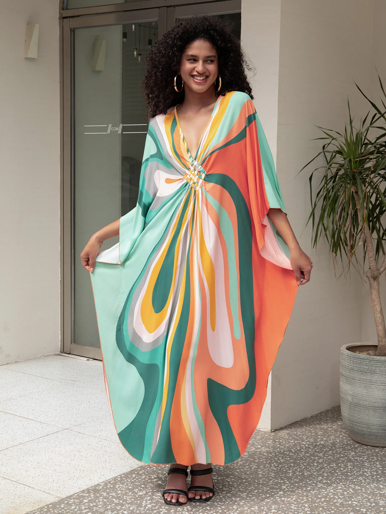 Kaftan Dresses for Women Wave Neck Swimsuit Cover Up Caftan Dress Plus Size Oversized Long Beach Dress