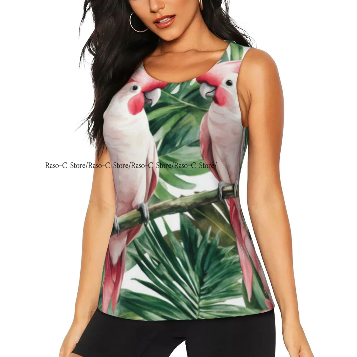 Women Sport tank Tops Loose Yoga Tops Quick Dry Workout Sport Tops Pink Cockatoos Tropical Palm Leaves Yoga Shirt