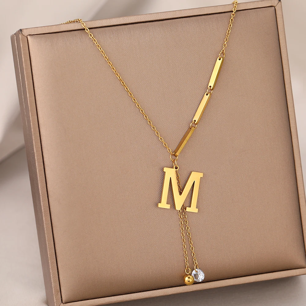 Stainless Steel Necklaces New Popular M Letter Pendants Tassel Zircon Fine Choker Chain Fashion Necklace For Women Jewelry Gift