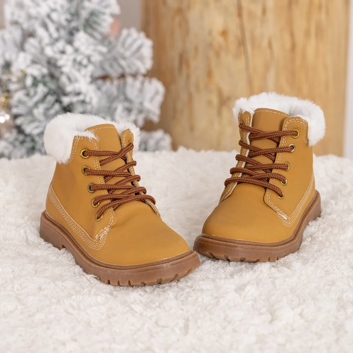 

Winter Children's Boys Girls Leather Round-Toe Thick Sole Lace-Up Ankle Boots Kids Toddler Babys Plush Warm Snow Boots