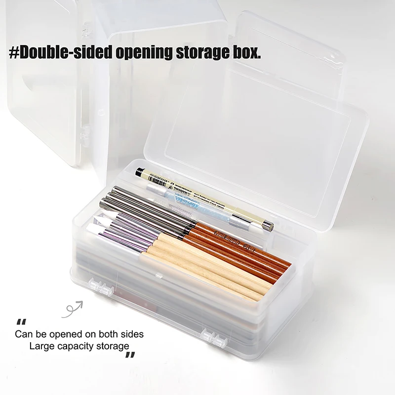 Two-sided Nail Art Rectangle Plastic Transparent Storage Box Nail Brush Tweezers Clippers Buffer Grinding Files Organizer