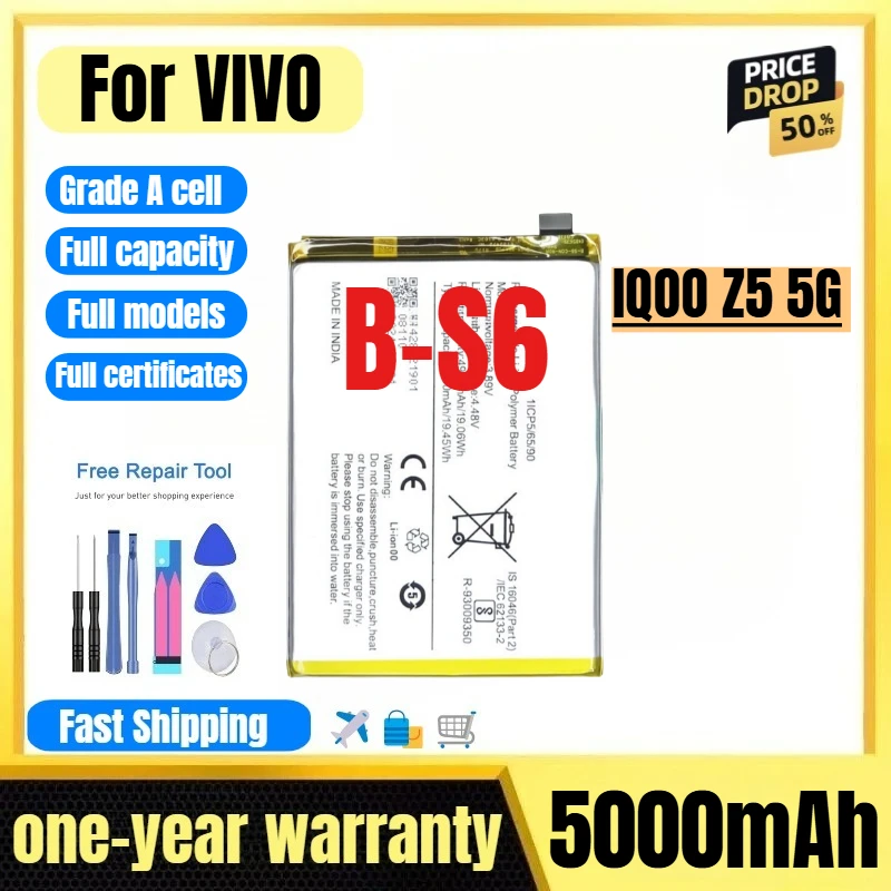

B-S6 for VIVO IQOO Z5 5G Mobile Phone Battery High Quality High Capacity Battery Replacement Bateria Grade A Cell with Tools