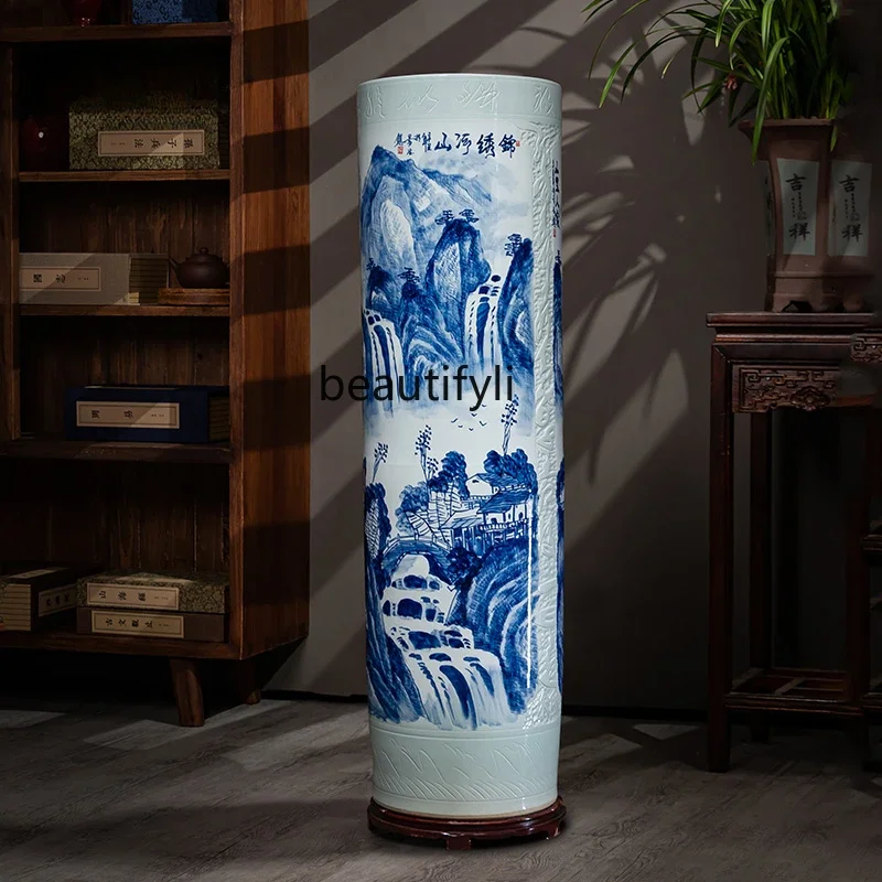 

xzJingdezhen Ceramic Vase Blue and White Porcelain Living Room Floor Chinese Decoration Decoration 1 M Straight