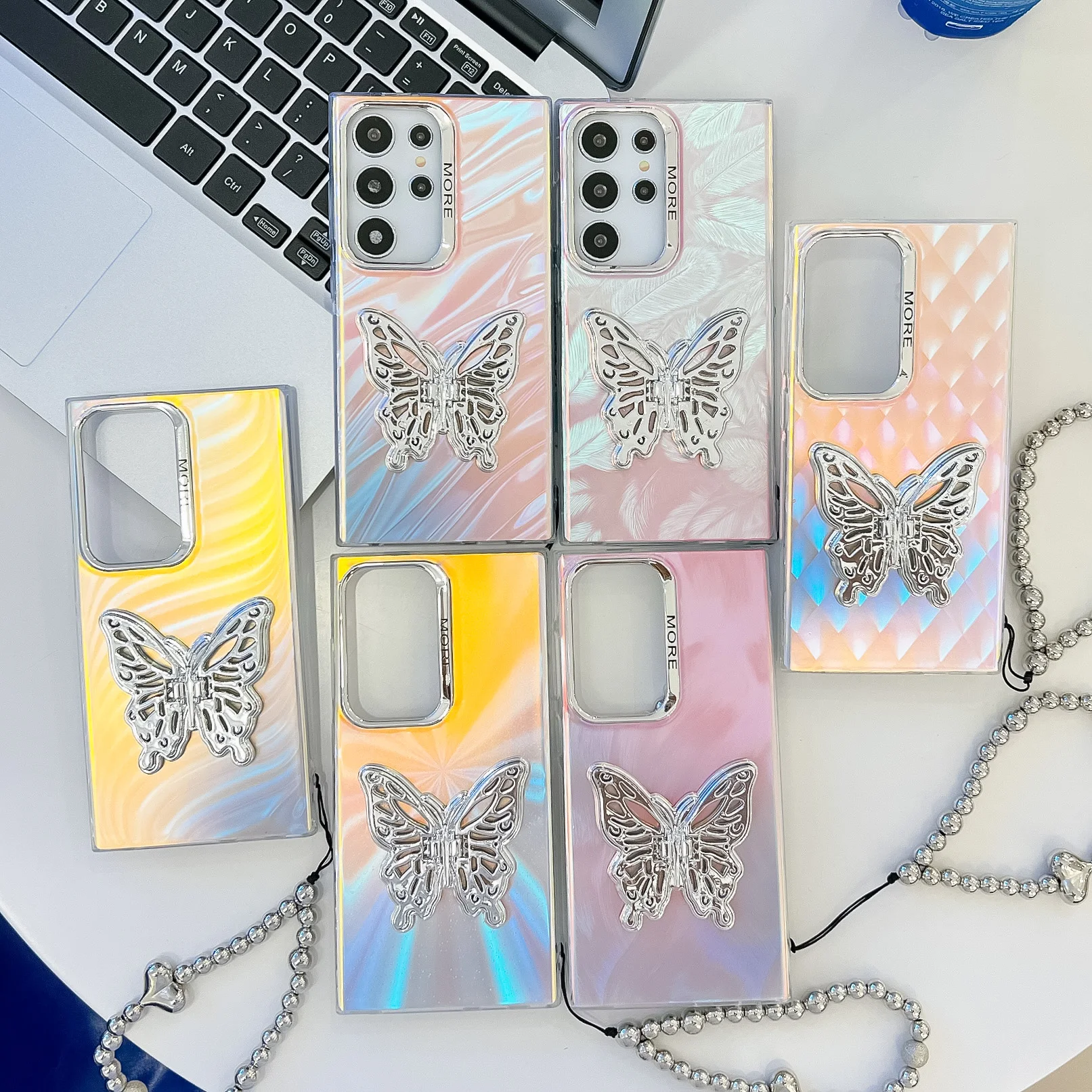 For Samsung A25 A35 A55 A34 A54 S24 Plus Ultra Luxury Laser Electroplated Butterfly Stand Textured Heart Chain Phone Case Cover