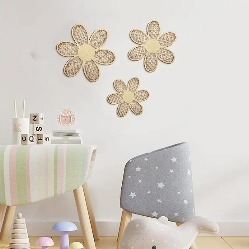 Boho Daisy Decor 3pcs Aesthetic Wooden Flower Wall Floating Pendant Wooden Rattan Woven Flower Ornaments Baby Room living room