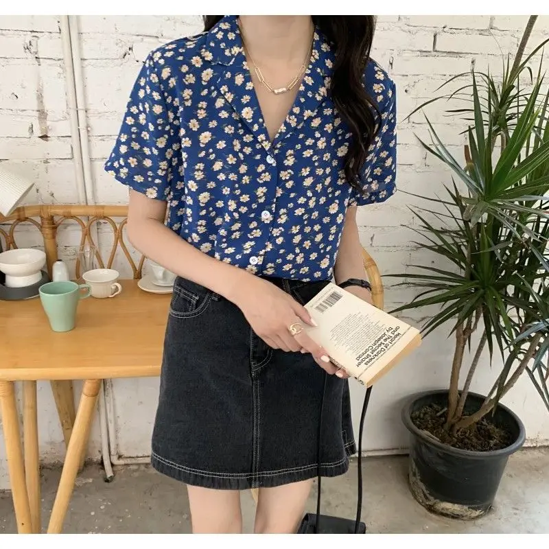 Summer Woman Clothes Elegant French Retro Style Flower Floral Top Short Sleeve Lively Sweet Youth Trend Thin Fashion Chic Casual