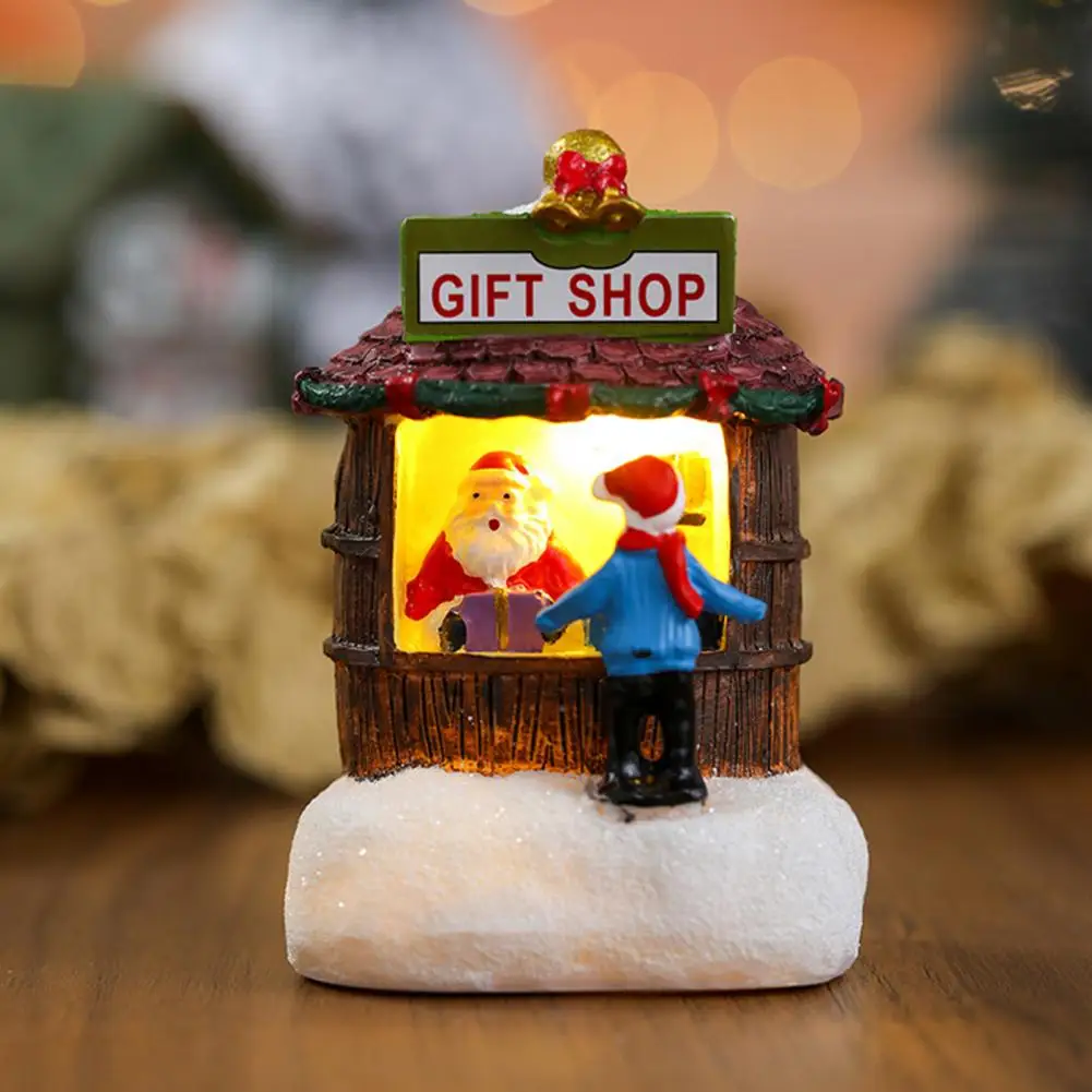 Reflective Christmas Decorations Houses Set with Santa Figurine Resin Winter Village Scene for Holiday Home Decor Mini Light-up