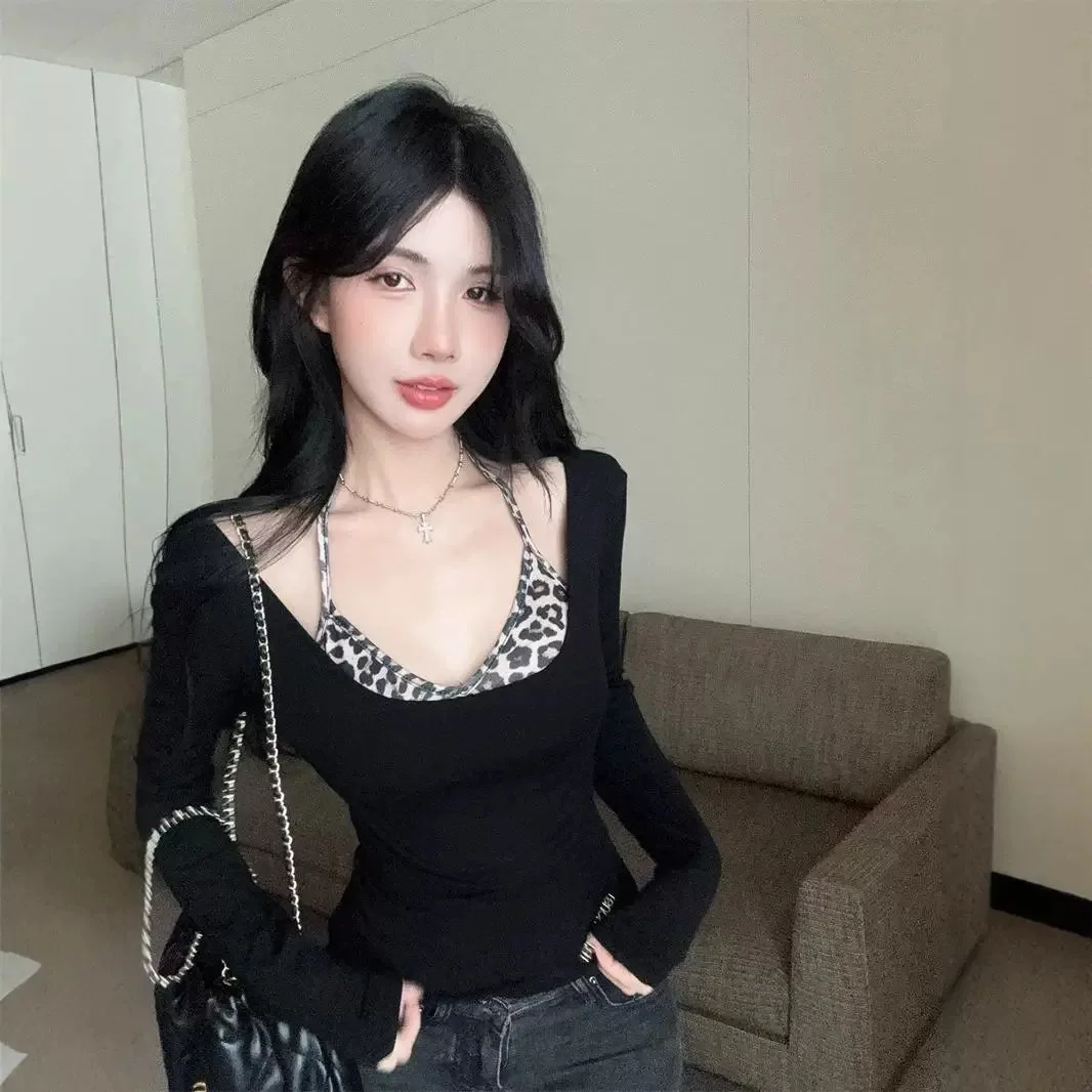 Fashionable Short Leopard Print T-Shirt Women's Spring Autumn High Waist Design Sensual Girl Top Lace Craft Milk Silk Material