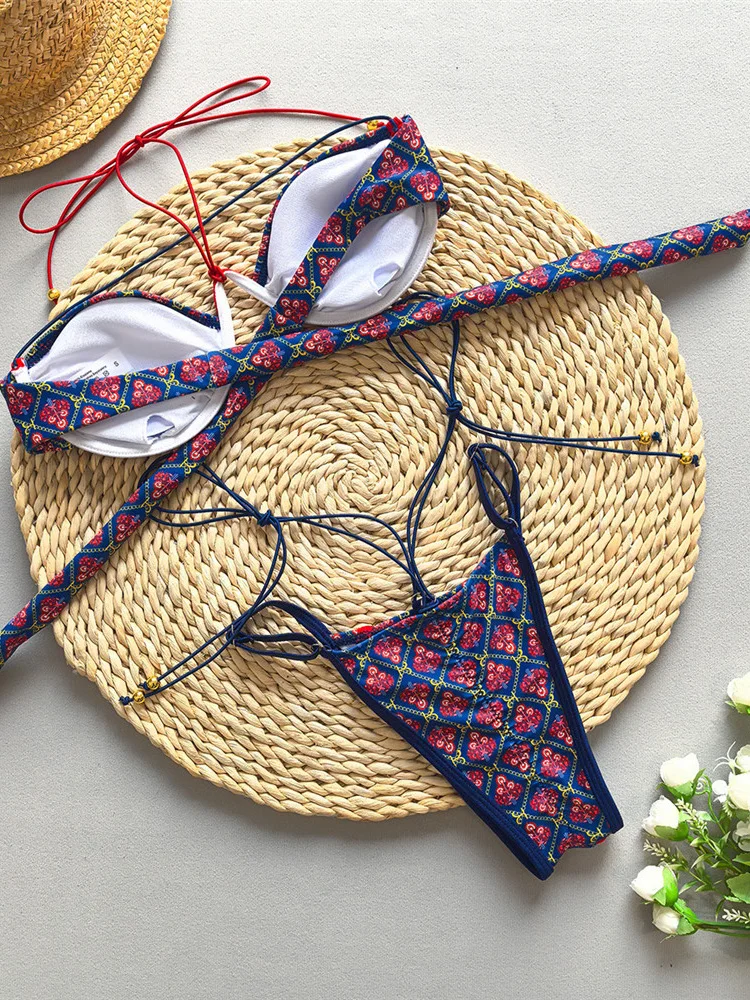 

Сексуальное бикини со шнуровкой и принтом, комплект из 2 предметов, женский разделенный купальник с высокой талией, пляжное бикини с открытой спиной, 2025 г., новый летний купальник, комплект бикини