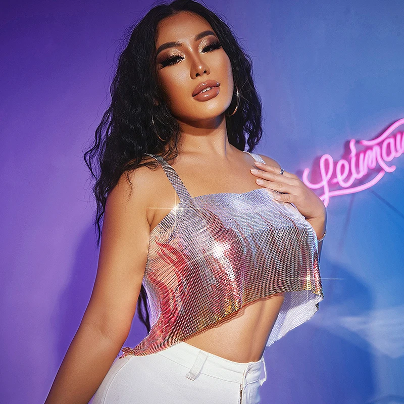 

Leqoel пикантный металлический ночной клуб с открытой спиной металлические блестки жилет Серебряный Яркий Открытый Топ укороченные майки 2023 женская одежда